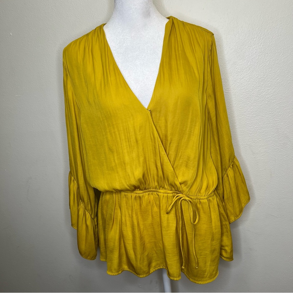 DOLAN Yellow boho‎ blouse with flared sleeves, V neckline, and belted waist XL